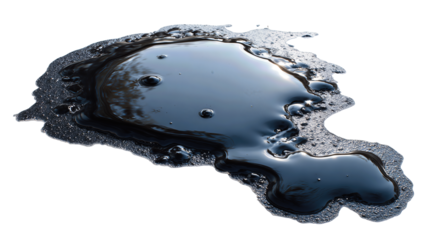 Dark inky oil slick with subtle meniscus and scattered droplets, isolated on transparent background.
