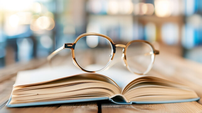 Open Book and Eyeglasses on a Wooden Table with Bokeh Background