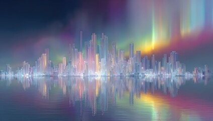 Fototapeta premium Colorful city skyline reflected on water, vibrant aurora borealis