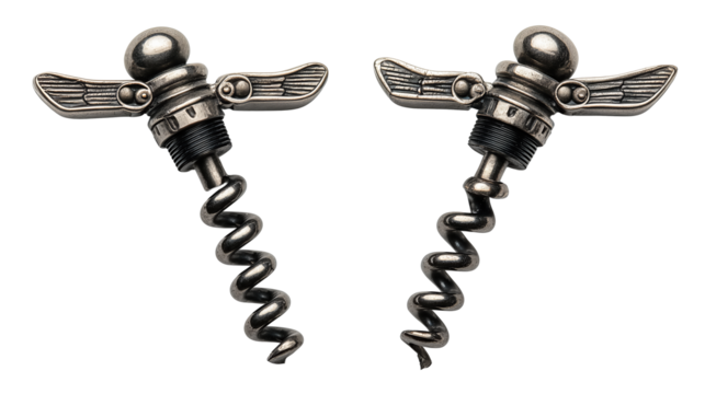 Crossed corkscrews, waiter’s friend and winged style, in brushed steel finish, isolated on transparent background.
