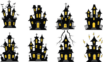 Set of Haunted Houses with Glowing Windows and Spooky Details in Halloween Vector Illustration Featuring Gothic Architecture and Eerie Atmosphere