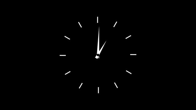 Twelve hours clock run, moving time arrows, 12 hours clock dial loop, twenty-four hours time lapse animation, Hours appear on a white background and quickly go