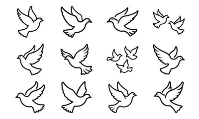 Collection of Line Art Icons – Birds, Flying Dove, Duck Family, Owl Face, Hummingbird, Parrot, Kite, Crane, and Decorative Floral Symbol Outline on White Background