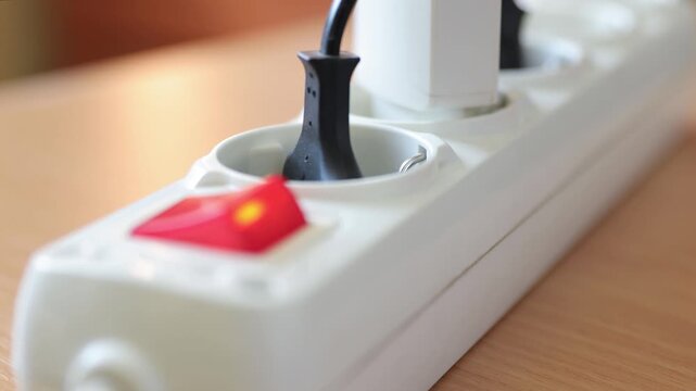Close-up video of human hand connecting plug into power strip with red illuminated power switch. Footage demonstrates safe connection of electrical equipment. Captured with shallow depth of field.