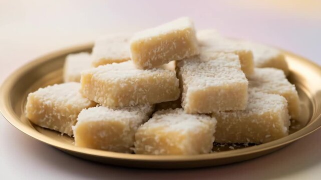 Delicious traditional indian coconut barfi sweet placed on a golden plate perfect for festive celebrations and cultural events