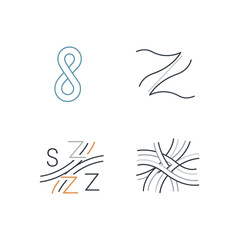 Abstract graphic designs with flowing lines and stylized letters.