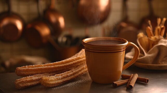 churros. A clay cup of hot chocolate with churros, capturing the warmth of Spanish National Day. menu design, packaging mockups, designed for culinary blogs and recipe cards for restaurants.