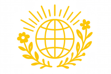 Global earth globe with sun rays, green branches, and flowers, symbolizing nature and world peace