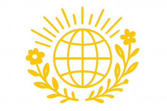 Global earth globe with sun rays, green branches, and flowers, symbolizing nature and world peace