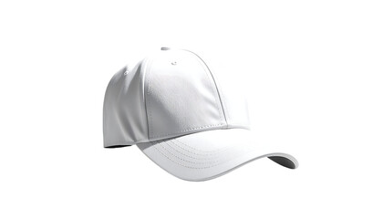 A pristine white baseball cap, classic design, structured, slightly angled,  shows subtle stitching detail
