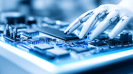 Robotic hand interacting with electronic circuit board in a high-tech environment