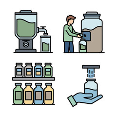 Liquid Dispenser and Bottling Process Icon Set.