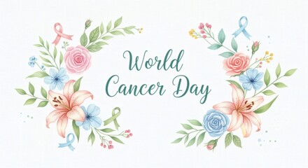 Watercolor pastel poster with “World Cancer Day” in gentle script and floral motifs. Cheerful sympathetic tone
