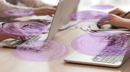 People working on laptops with digital data visualization overlays