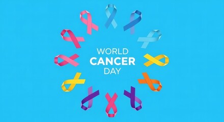 Minimal 2D flat design with “World Cancer Day” and circular ribbon icons. Bright blue background