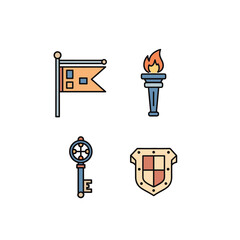 Set of four medieval fantasy icons including a flag a torch a key and a shield.