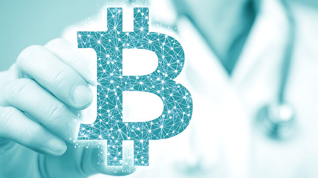 Doctor holding a digital Bitcoin symbol composed of interconnected network nodes, representing blockchain technology in healthcare. - Powered by Adobe