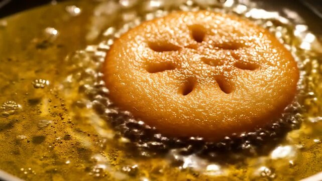 Golden brown traditional indian sweet dish frying in hot oil a festive delicacy prepared for cultural events and celebrations