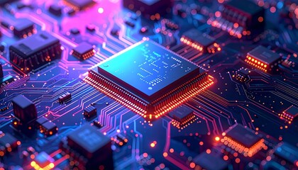 Close-up of a futuristic circuit board glowing with vibrant purple and orange light. The central processor dominates the image, surrounded by intricate pathways