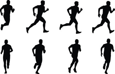 Running silhouettes, athlete motion, sprint cycle, fitness stride, human biomechanics, training posture, jogging phases, sport icon, dynamic movement, exercise form