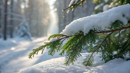 Snow blankets evergreen branches in a serene winter forest setting during early morning light