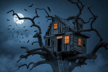 Spooky abandoned wooden house perched precariously in a gnarled dead tree under a full moon