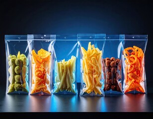 Assorted Snacks in Transparent Packaging with Glowing Blue Light