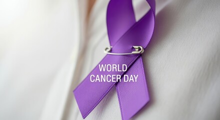 Photoreal macro shot of a lavender ribbon pinned to a shirt with a “World Cancer Day” overlay. Supportive atmosphere