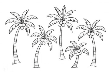 Palm tree coconut icons set, tropical summer vacation island symbol, hand drawn black and white line art