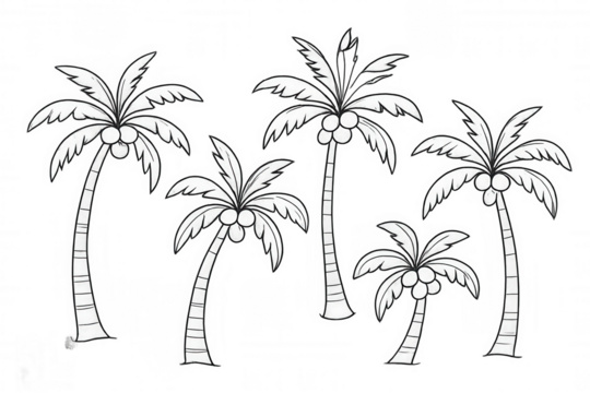 Palm tree coconut icons set, tropical summer vacation island symbol, hand drawn black and white line art - Powered by Adobe