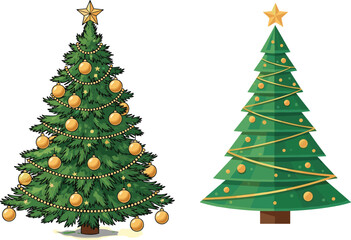 Traditional and Geometric Christmas Tree Side by Side in Holiday-Themed Vector Illustration with Golden Decorations and Festive Seasonal Design