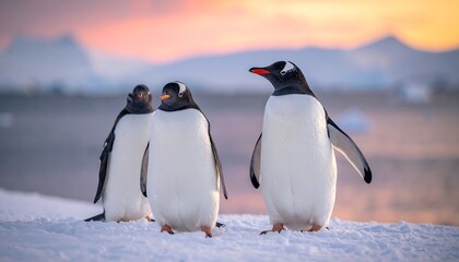 Fototapeta premium Three Gentoo Penguins Standing on Snow at Sunset in Antarctica.