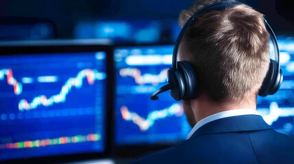 Man in suit wearing headset monitors financial charts on multiple computer screens