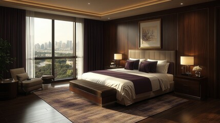 Luxurious bedroom with a stunning view of the urban skyline at twilight