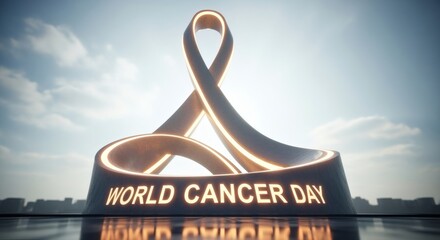 Cinematic 3D scene of a giant glowing ribbon monument with “World Cancer Day” projected across. Hopeful bright lighting