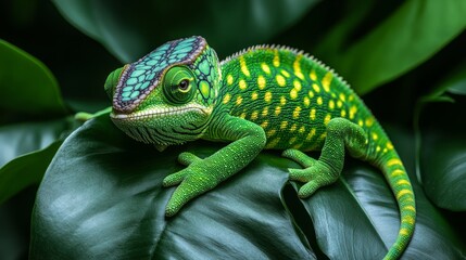 Obraz premium A striking green chameleon with intricate patterns relaxes on vibrant foliage, surrounded by the richness of nature