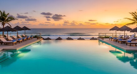 Serene beach resort at sunset with tranquil pool, palm trees, and gentle ocean waves in background
