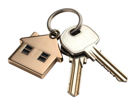 Firefly_House keys with a house-shaped keychain, resting neatly, isolated on a white backgrou