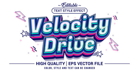 Editable text effect vector “Velocity Drive” with bold 3D lettering, dynamic futuristic style, perfect for racing, gaming, esport, or speed-themed designs.
