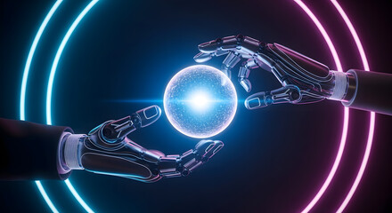 Robotic Hands Holding a Glowing Orb with Neon Rings futuristic