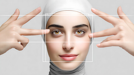 Woman wearing headscarf framing face with hands, facial recognition grid overlay