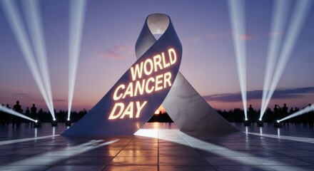 Cinematic 3D letters “World Cancer Day” carved into a glowing ribbon monument. Hopeful supportive vibe