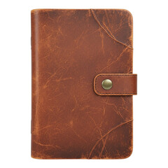 A vintage brown leather journal with a snap closure, isolated on transparent background