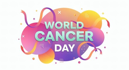Abstract 2D flat composition with “World Cancer Day” in large bold letters. Cheerful graphic mood