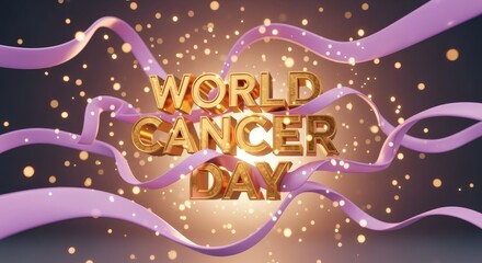 Cinematic 3D floating golden letters “World Cancer Day” surrounded by lavender ribbons. Hopeful supportive energy
