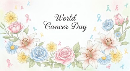 Watercolor pastel “World Cancer Day” poster decorated with flowers and tiny ribbon patterns. Soft cheerful artistic style