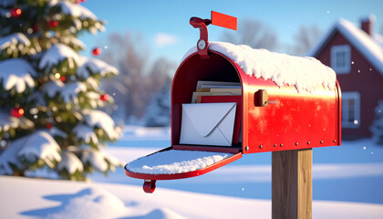 Red mailbox in snowy landscape, adorned with snow, carrying letters, winter, Christmas season, holiday greetings, festive atmosphere