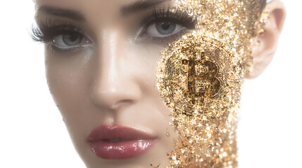 Close-up of a person's face with golden glitter and a digital currency symbol overlay on one side