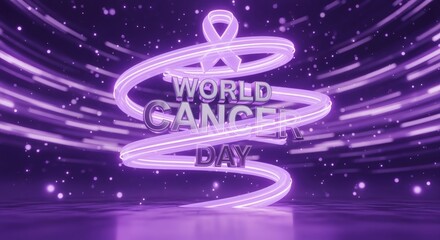 Futuristic 3D glowing lavender ribbon spiraling around metallic text “World Cancer Day.” Cinematic wide glowing background