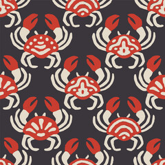 Seamless vector pattern with red crabs on dark background. Stylized marine animal with folk-inspired design. Playful and bold underwater theme. Vector illustration.